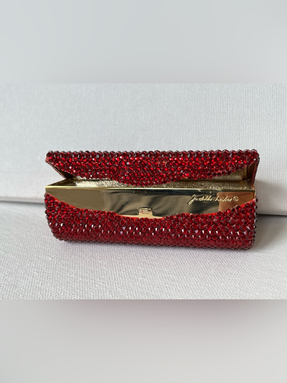 Judith Leiber Red Crystal Lipstick Compact Mirror Case, Like New - Picture 3 of 13